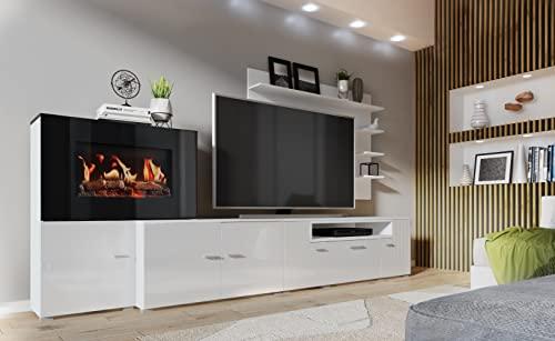 Skraut Home - Mueble para Salón con Chimenea Eléctrica - 170 x 290 x 45 cm - Sistema de Iluminación LED Efecto Llamas - Modelo New Olympo - Estilo Moderno - Acabado Blanco