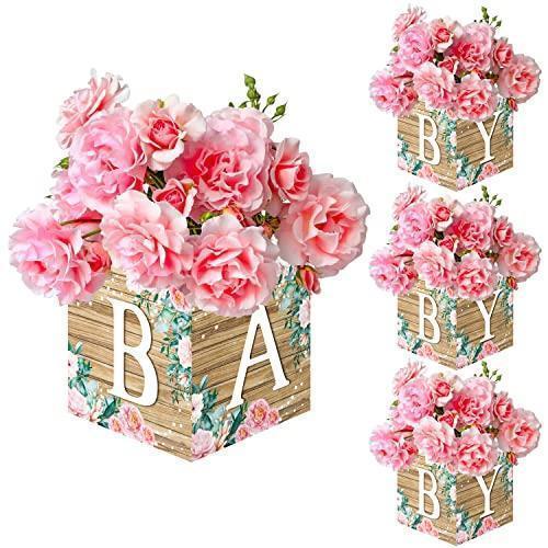 W1cwey 4 cajas rústicas florales para baby shower, centro de mesa, letras de bebé, de grano de madera marrón, suministros decorativos para centro de mesa para cumpleaños y género de niños pequeños