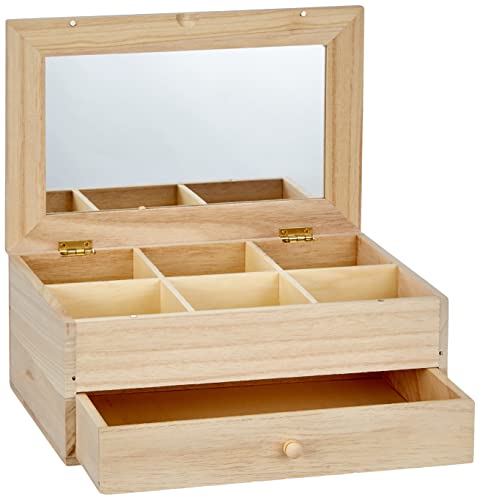 Artemio - Joyero (madera sin tratar, 25 x 17,5 x 11,5 cm, 6 compartimentos, 1 cajón, espejo en tapa)