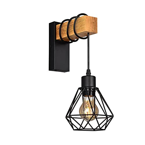 B-LED Barcelona - Ledaplique de pared vintage en diseño industrial, lámpara retro de acero y madera, casquillo E27, color negro/marrón