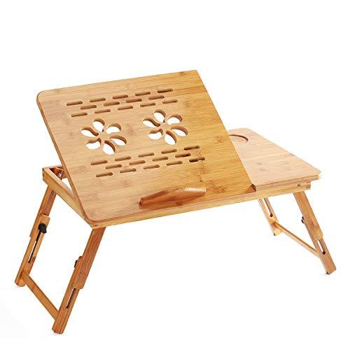 Bisofice mesa para portatil cama,Soporte de escritorio plegable de bambú para computadora,bandeja de cama para servir el desayuno,mesa de altura ajustable con cajón superior inclinable en 4 ángulos