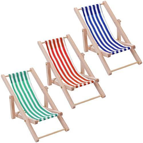 cobee Silla de playa en miniatura para casa de muñecas, 3 piezas, mini silla de playa plegable de madera, mini silla de cubierta, accesorios para interiores y exteriores
