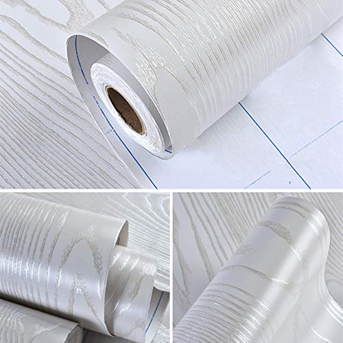 Hode Papel Adhesivo para Muebles Blanco Madera 40X500 cm Adhesivo Vinilo Adhesivos PVC Film Adhesivos Restauración Muebles Blanco Plata Textura Papel Adhesivo para Muebles