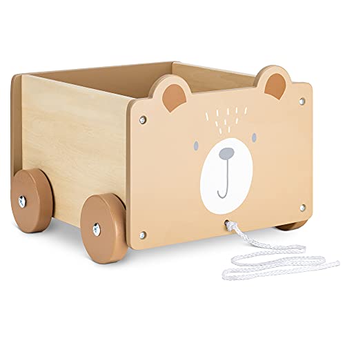 Navaris Caja de almacenamiento de juguetes - Baúl de madera para almacenaje en habitación de los niños - Cubo con ruedas y diseño de oso marrón
