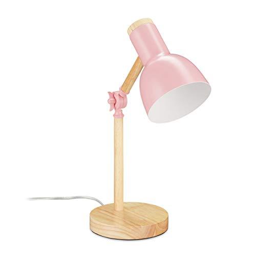 Relaxdays Lámpara de Escritorio Ajustable, Estilo Retro, de Madera y Metal, Casquillo E27, 45,5 x 14,5 cm, Color Rosa
