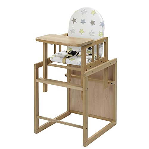 Trona Geuther NICO | Trona con mesa | Silla de bebé con arnés de seguridad de 3 puntos | Respaldo | Reposapiés y asiento acolchado | Accesorios de guardería no contaminantes | Naturaleza