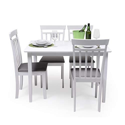 Conjunto de Comedor Kansas White Mesa de Comedor de Madera lacada en Blanco de 112x72 cm y 4 sillas de Comedor de Madera lacadas en Blanco y Asiento tapizado de Tela Gris