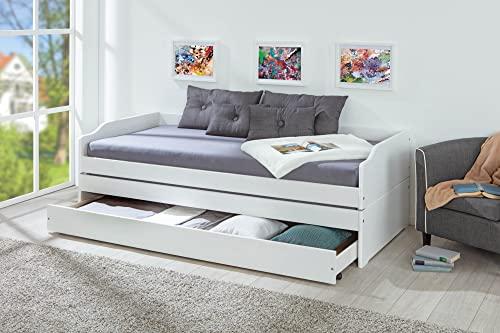 Inter Link cama funcional, cama individual, cama doble, cama de invitados 90 x 200 pino macizo lacado blanco, 98 x 205 x 63 cm