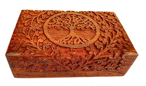 Ajuny Caja de madera tallada a mano Árbol de la vida Almacenamiento de joyas 8 x 5 x 2,5 pulgadas