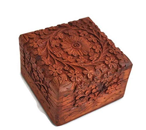 Ajuny - Caja de recuerdos tallada a mano de madera para joyas y organización, idea de regalo único para hombres y mujeres, 10x10x7 Cm, Madera