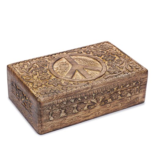 Ajuny Caja decorativa de madera tallada a mano con tallas de paz, multiusos como almacenamiento de joyas, soporte de baratijas o caja de reloj, ideal para regalos