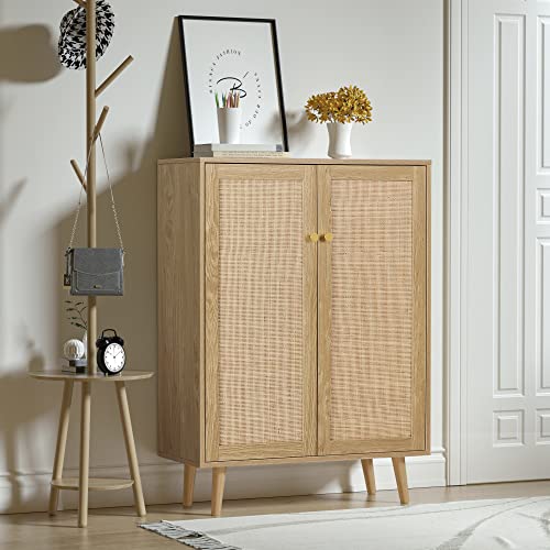 Anmytek Aparador alto natural con frente de ratán artesanal, gabinete de cocina de madera con 2 puertas y estantes ajustables, roble rústico, H0030