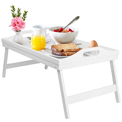Bandeja de cama para desayuno con patas plegables de madera, bandeja de servir para cama, TV, escritorio, ordenador portátil, bandeja de aperitivos, color blanco