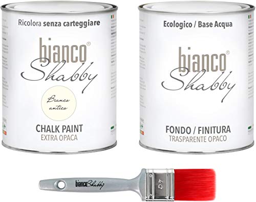 bianco Shabby Pintura a la Tiza para Todas las Superficies - 1 L Chalk Paint Blanca Antigua + 1 L Acabado Transparente +Brocha 40mm para Muebles de Madera