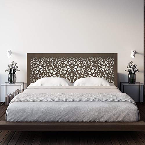 Cabecero de cama en madera Calada, para cama de 90 cm. Fabricado artesanalmente en España- Decorado con mandala flores Pintada a Mano- Modelo Mosaico 154 (Nogal, 100x70 cm)