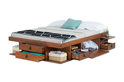 Cama funcional Bali 180x200 cm Caramelo - Cama con cajones y mucho espacio de almacenamiento, ideal para dormitorios pequeños - Cama doble con cajón de madera maciza de pino - Incl. somier de láminas