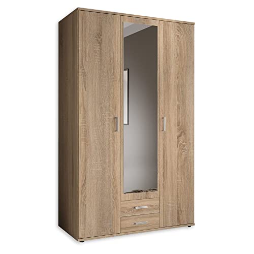 Elegante armario KARL de 3 puertas con mucho espacio de almacenamiento, armario multiusos de roble Sonoma con puerta con espejo, 120 x 195 x 55 cm