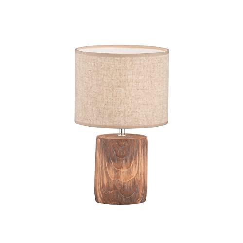 Fischer & Honsel Lámpara de mesa Malik, lámpara de hormigón en imitación de madera, con pantalla de tela e interruptor de cuerda, hormigón en madera y lino en colores arena, altura: 35 cm