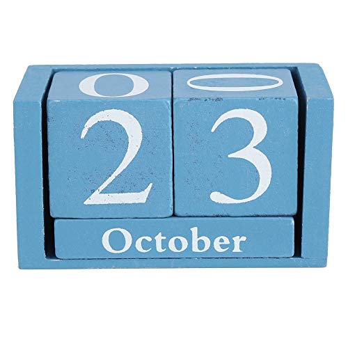 GOTOTOP Calendario perpetuo de Madera de la Vendimia | Calendario de Escritorio con diseño de Bloque de elevación y Giro hogar o la Oficina(Azul)