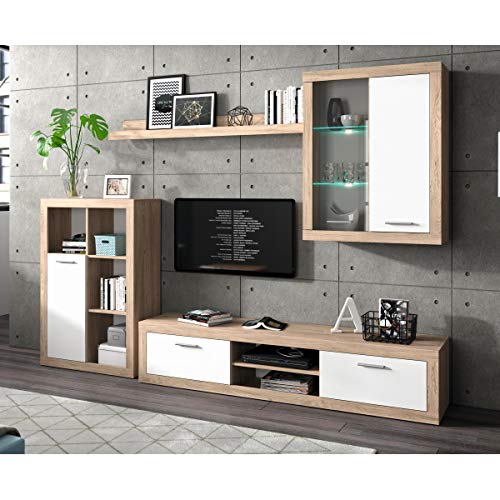 Homely - Mueble de Salón Modular - Formentera | Conjunto 4 Muebles | Muebles Salón Completo| Mueble para Televisión | + Mueble Bajo + Mueble Alto + Estantería Alta | Color Roble y Blanco