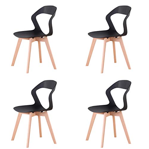 I LOVE FACE Juego de 4 sillas de comedor modernas de plástico con patas de madera de haya maciza, dormitorio, oficina, reunión, color negro