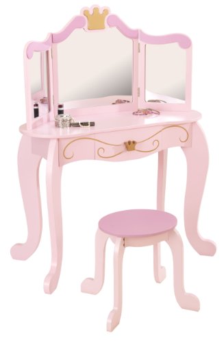 KidKraft- Princess Juego de tocador con espejo y taburete de madera, cuarto de juegos para niños/muebles de dormitorio, Color Rosa (76123)