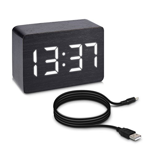 kwmobile Reloj Despertador Digital con Cable USB - Pantalla LED y activación táctil - Indicador de Temperatura y Calendario en Madera y LED Blanca
