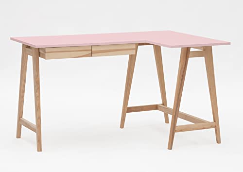 Luka - Escritorio esquinero con forma de L, 135 cm + 85 cm, lado derecho, madera maciza de fresno, color rosa pálido