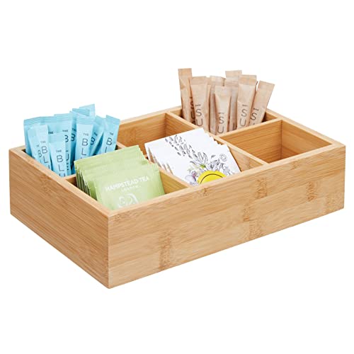 mDesign Caja de almacenaje de madera – Caja de madera con 6 apartados para bolsitas de té, azúcar, sal, pimienta y café – Práctico organizador de té en madera de bambú – color bambú