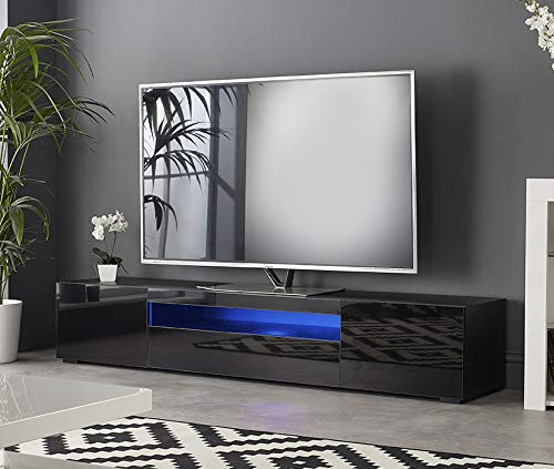 MMT Furniture Designs Armario Negro Brillante para TV de 80 Pulgadas con Luces LED, Madera, 200 cm de Ancho