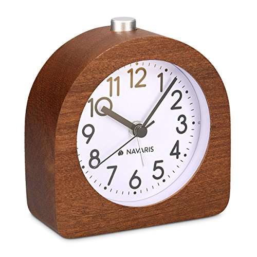 Navaris Despertador analógico - Despertador Madera con luz y Sonido - Reloj Retro con función repetición de Madera Natural en Color marrón Oscuro