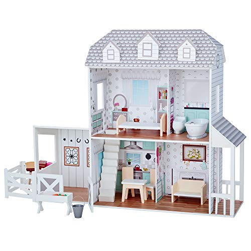 Olivia's Little World Grande Casa de Muñecas de Granja de Madera y Estable con 2 Niveles y 14 Accesorios de Muebles para Muñecas de 30 cm
