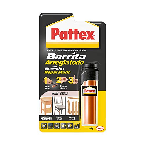 Pattex Barrita Arreglatodo, masilla bicomponente especial madera, pasta moldeable para pegar y reparar, resina epoxi barnizable y lijable para varias maderas, tubo 48 g