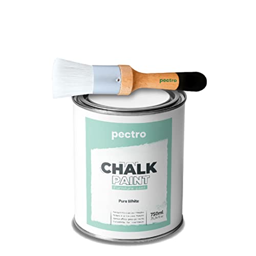 PECTRO Pintura a la Tiza para Muebles 750ml + Brocha de madera especial Pack - Pintura para Muebles sin lijar - Pintura para Madera - Pintura Chalk Paint Efecto Tiza Colores (Blanco Puro)