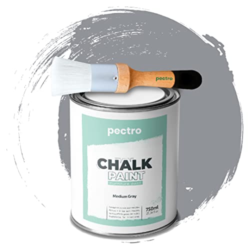 PECTRO Pintura a la Tiza para Muebles 750ml + Brocha de madera especial Pack - Pintura para Muebles sin lijar - Pintura para Madera - Pintura Chalk Paint Efecto Tiza Colores (Gris Medio)