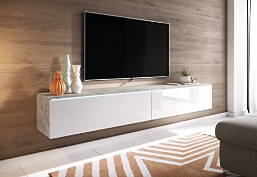 PIASKI Mueble de TV Lowboard D 180 cm, Mueble de televisión, Flotante, Color Blanco Hormigón, iluminación LED Opcional (con iluminación LED)