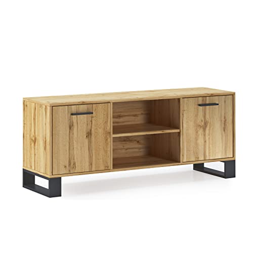 Skraut Home - Mueble de TV para Salón - 57 x 137 x 40 cm - Indicado para TV de 32/40/42/50/55/60" - Modelo Loft - Estructura Color Roble Rústico - Patas de Madera Negras