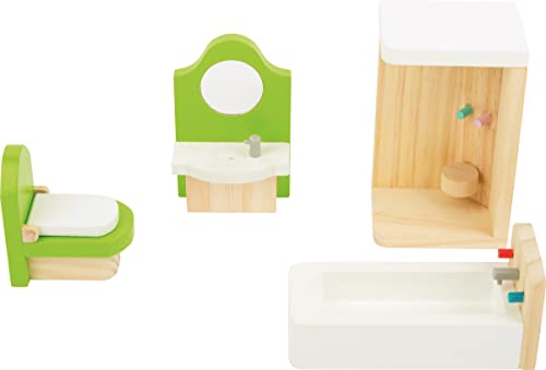 Small Foot- Muebles Madera casa, Incluyendo un Soporte de Lavado, baño, Ducha e Inodoro, adecuados para Doblar, Accesorios de muñeca Ideales para niños a Partir de 3 años, Color Blanco (10872)