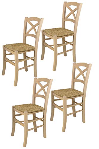 t m c s Tommychairs - Set 4 sillas Cross para Cocina y Comedor, Estructura en Madera de Haya lijada, no tratada, 100% Natural y Asiento en Paja