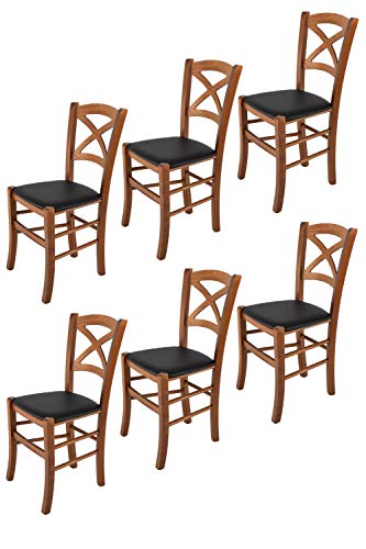 t m c s Tommychairs - Set 6 sillas Cross para Cocina y Comedor, Estructura en Madera de Haya Color Nuez Claro y Asiento tapizado en Polipiel Color Negro