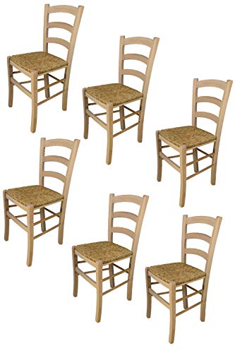 t m c s Tommychairs - Set 6 sillas Venezia para cocina y comedor, estructura en madera de haya lijada, no tratada, 100% natural y asiento en paja