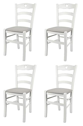 Tommychairs - Set 4 sillas Cuore para Cocina y Comedor, Estructura en Madera de Haya barnizada Color Blanco y Asiento tapizado en Tejido Color Gris Perla