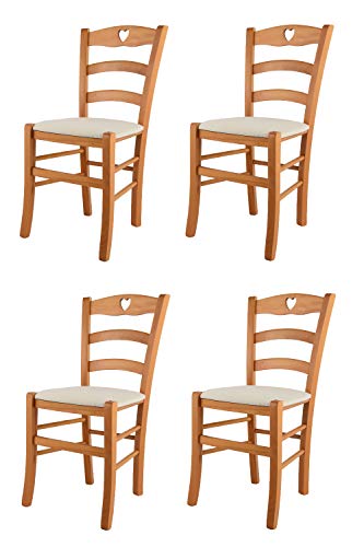 Tommychairs - Set 4 sillas Cuore para Cocina y Comedor, Estructura en Madera de Haya Color Miel y Asiento tapizado en Tejido Color Marfil