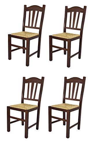 Tommychairs - Set 4 sillas Silvana para Cocina y Comedor, Estructura en Madera de Haya Color Nuez Oscuro y Asiento en Paja