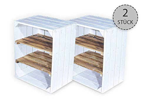 Vintage -Möbel24 - Juego de 2 cajas de fruta blancas con tabla intermedia transversal – Cajas de madera como zapatero – Shabby Chic – 50 x 30 x 40 cm