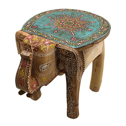 Mesa auxiliar con diseño de elefante, madera de mango, pintada a mano, estilo indio, hecha a mano, color turquesa