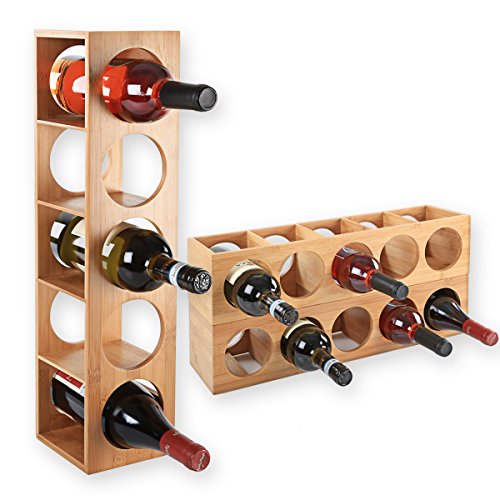 Gräfenstayn® 30543 Botelleros CUBE - portabidones apilable de madera de bambú para 5 botellas de vino para la colocación o el montaje en la pared, expandible, tamaño 13,5x12x53 cm (LxAnxAl)