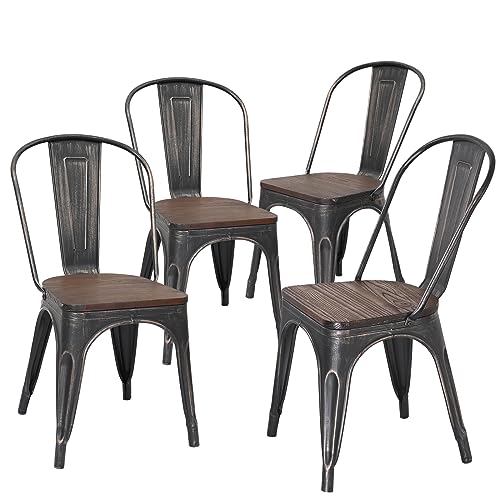 H JINHUI Juego de 4 sillas de Comedor, sillas de Metal, con Asiento de Madera y Respaldo, sillas de Cocina apilables, sillas de Metal para Bares, terrazas de cafeterías (Negro con Oro)