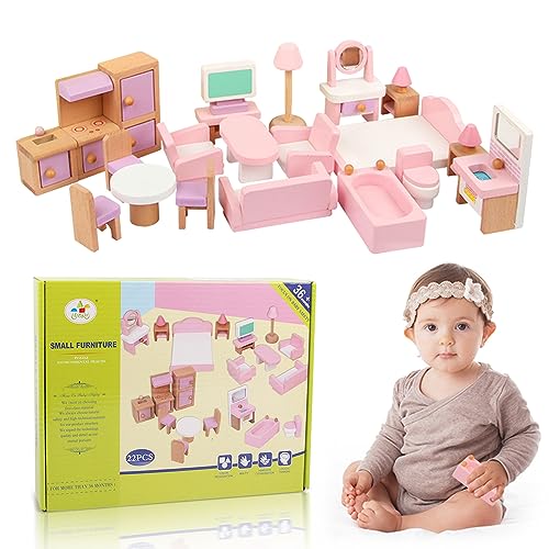 FENYW - Kit de muebles para casa de muñecas de madera, muebles de madera para muñecas, muebles de casa de muñecas de madera para niñas de 3 años
