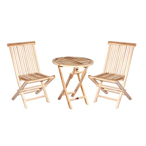 Ambientehome Juego de muebles de balcón de tres piezas de madera de teca, silla plegable y mesa plegable redonda de Ø 60 cm de diámetro, juego bistró de tres piezas de madera de teca